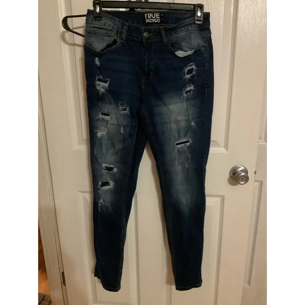 True Indigo Mens Distressed Skinny Jeans Dark Wash Ripped Denim 32x30